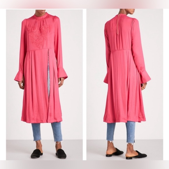 Free People XS Pink Floral Embroidered Long sleeve Hi-Neck Side Slit Dress - Picture 2 of 10